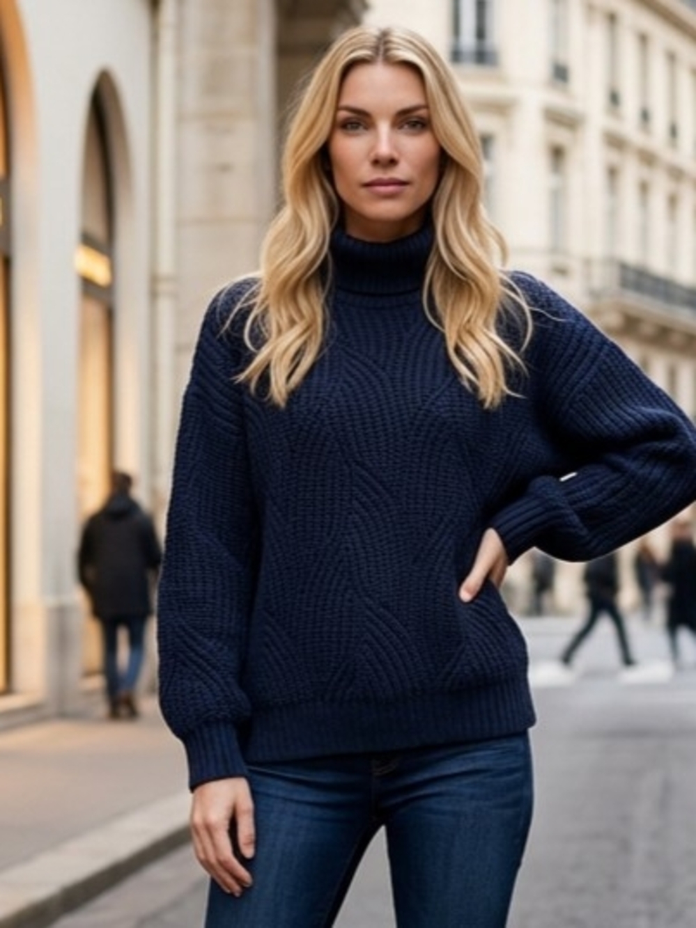 Wonderly Navy Blue Chunky Knit Sweater, Mock Neck, Open Weave Wave Pattern L NWT